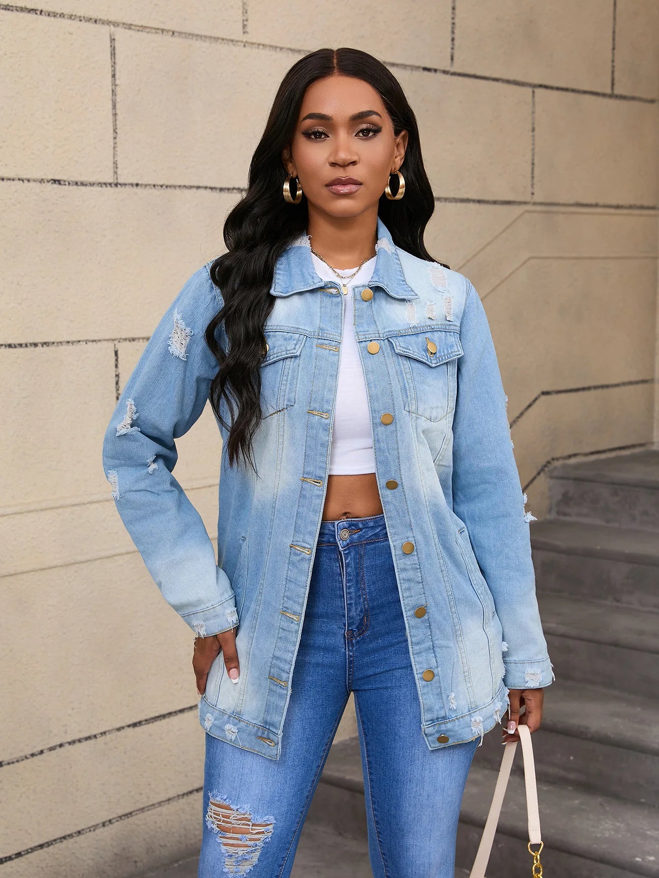 Women’s Mid-Length Denim Coat – Y2K Streetwear Style