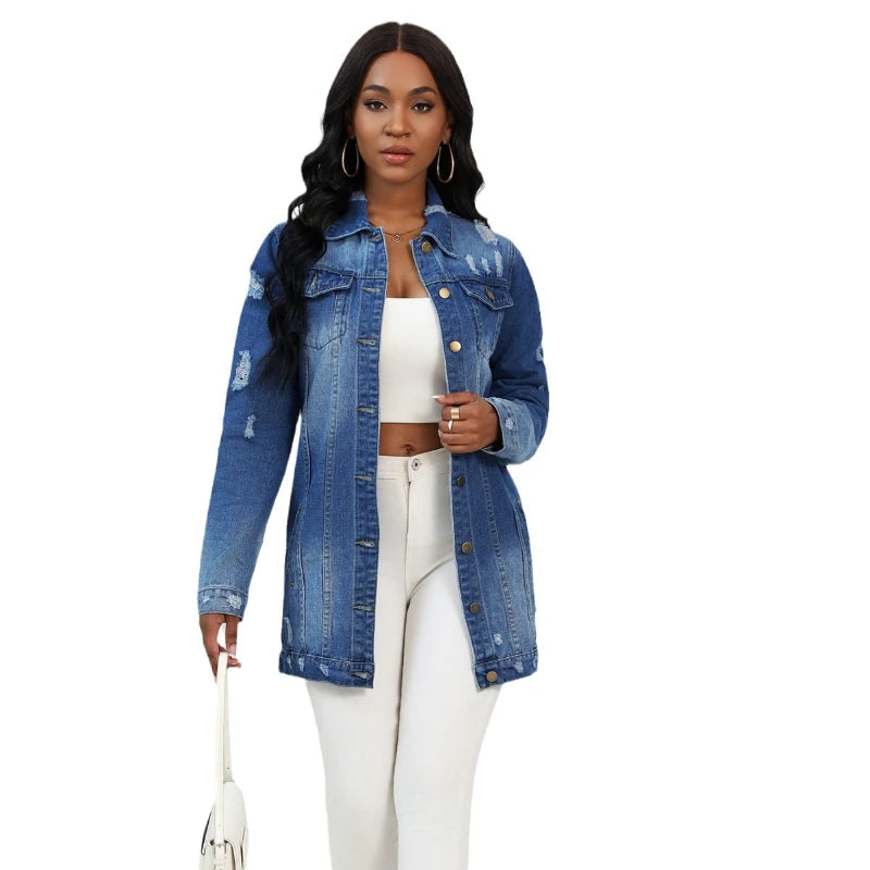 Women’s Mid-Length Denim Coat – Y2K Streetwear Style