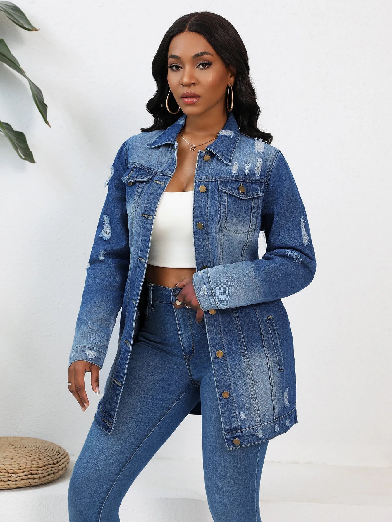 Women’s Mid-Length Denim Coat – Y2K Streetwear Style