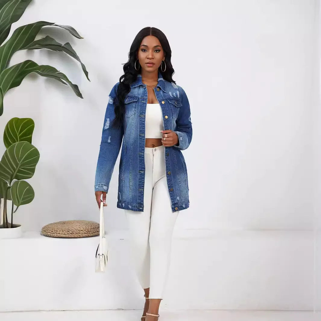 Women’s Mid-Length Denim Coat – Y2K Streetwear Style