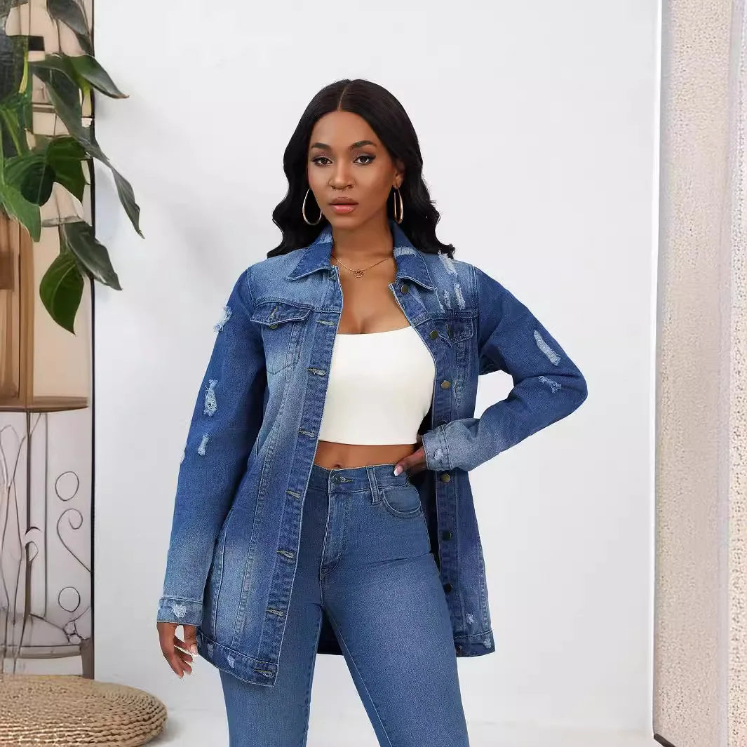 Women’s Mid-Length Denim Coat – Y2K Streetwear Style