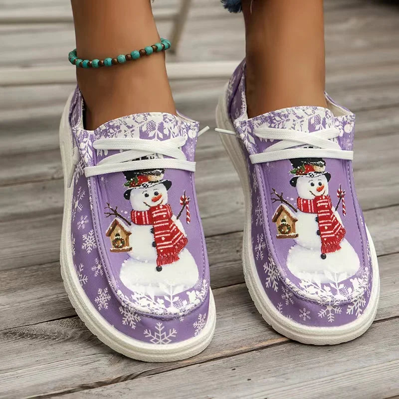 Women’s Christmas Snowman Lace-Up Loafers – Holiday Vulcanized Canvas Shoes