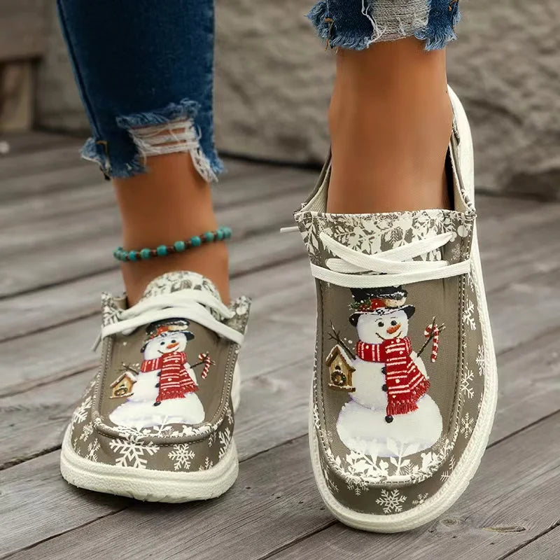 Women’s Christmas Snowman Lace-Up Loafers – Holiday Vulcanized Canvas Shoes