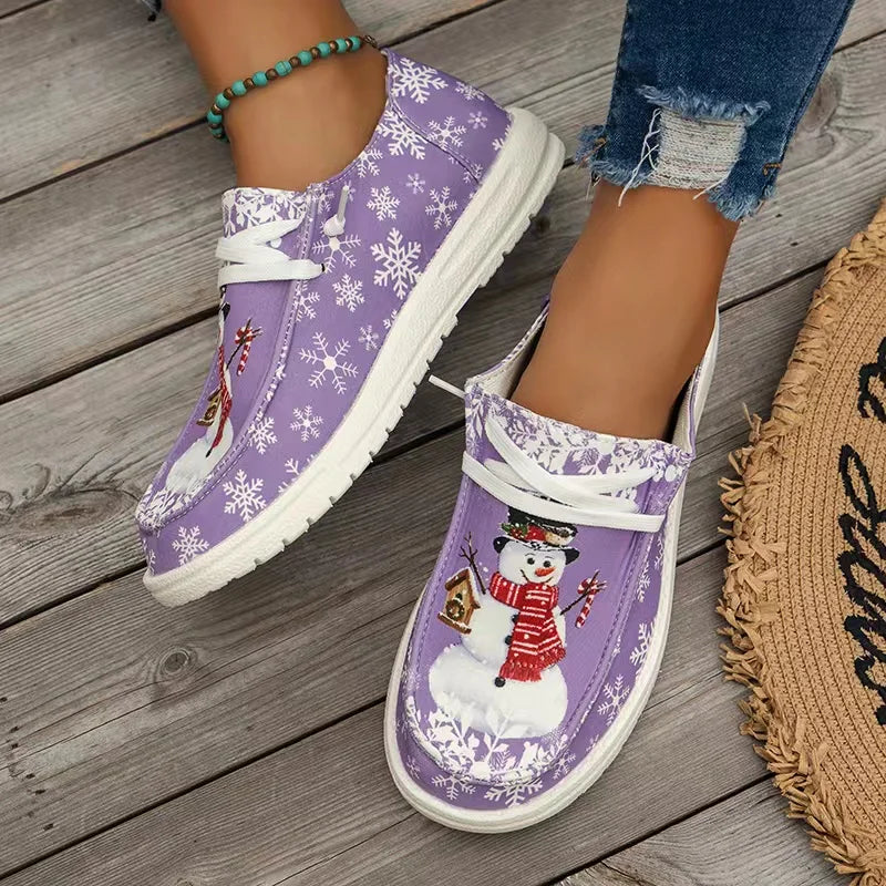 Women’s Christmas Snowman Lace-Up Loafers – Holiday Vulcanized Canvas Shoes
