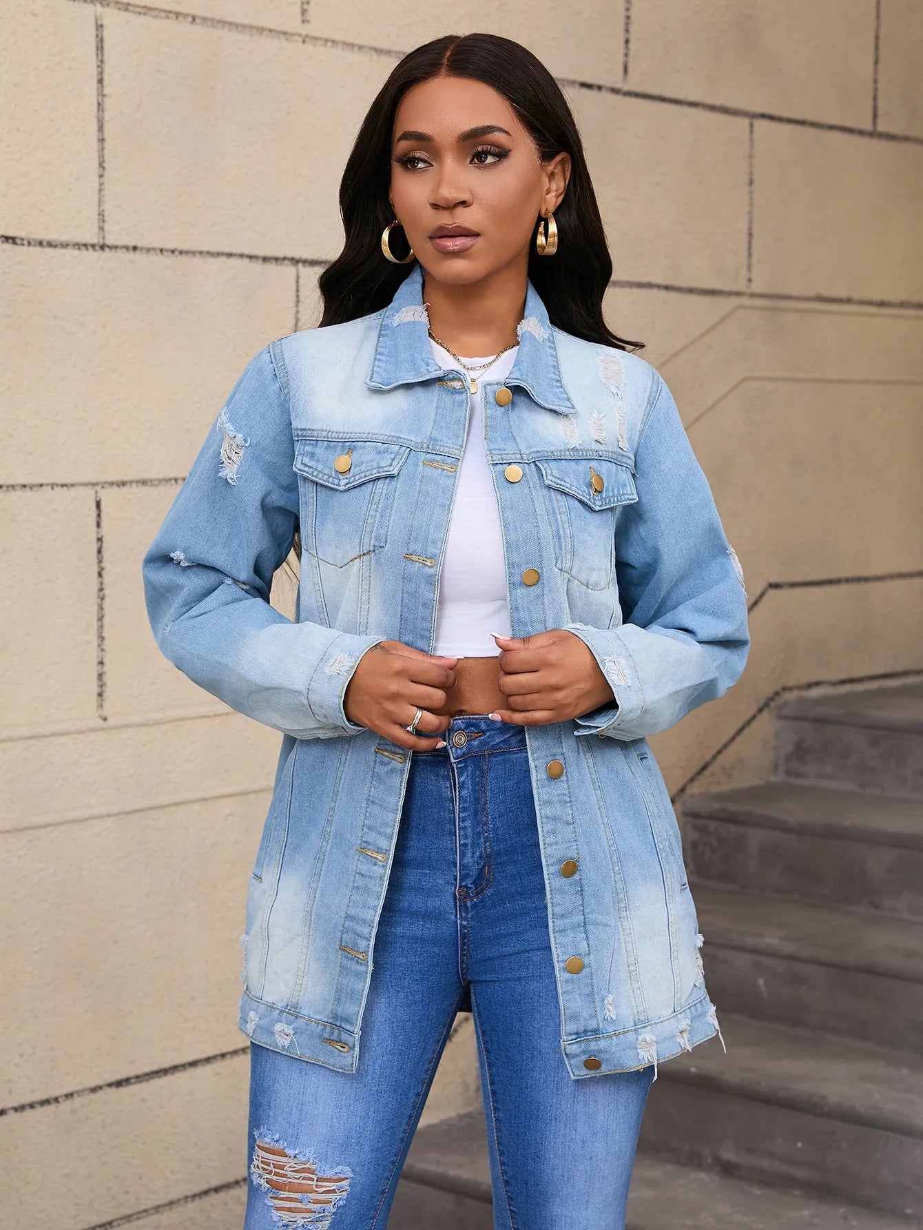 Women’s Mid-Length Denim Coat – Y2K Streetwear Style