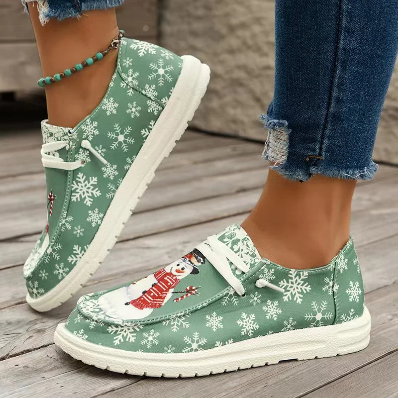 Women’s Christmas Snowman Lace-Up Loafers – Holiday Vulcanized Canvas Shoes