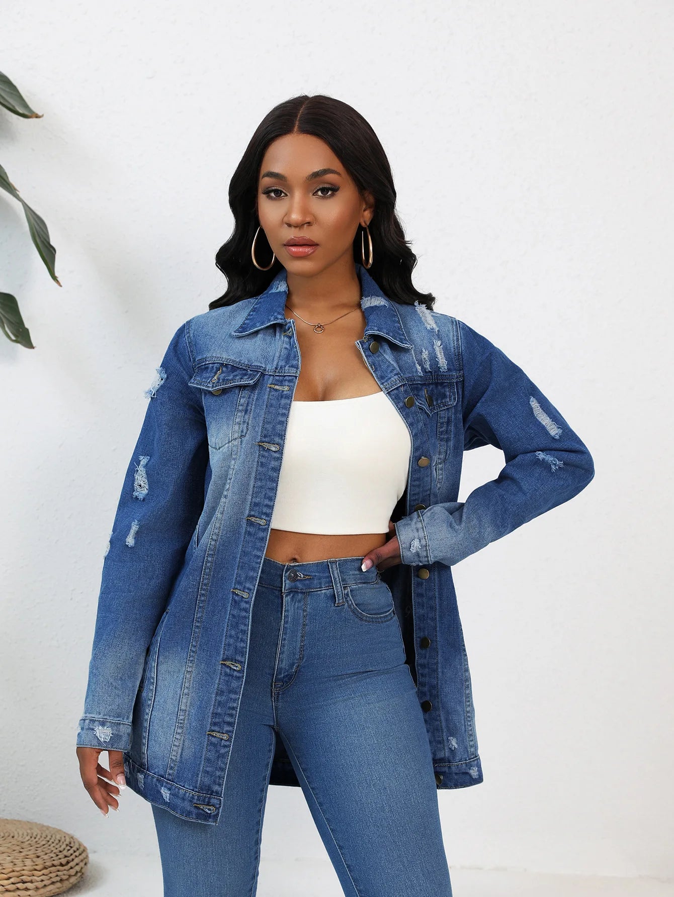 Women’s Mid-Length Denim Coat – Y2K Streetwear Style