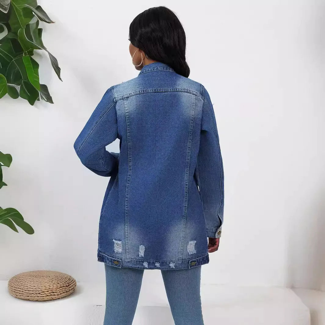 Women’s Mid-Length Denim Coat – Y2K Streetwear Style
