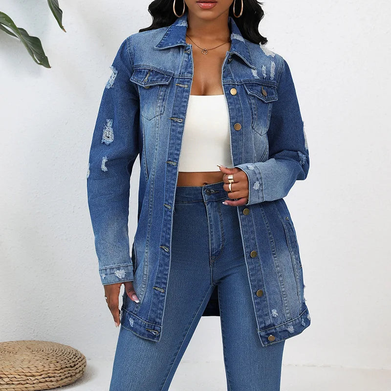 Women’s Mid-Length Denim Coat – Y2K Streetwear Style