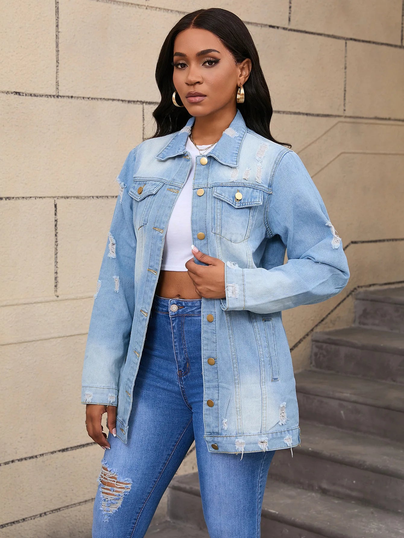 Women’s Mid-Length Denim Coat – Y2K Streetwear Style