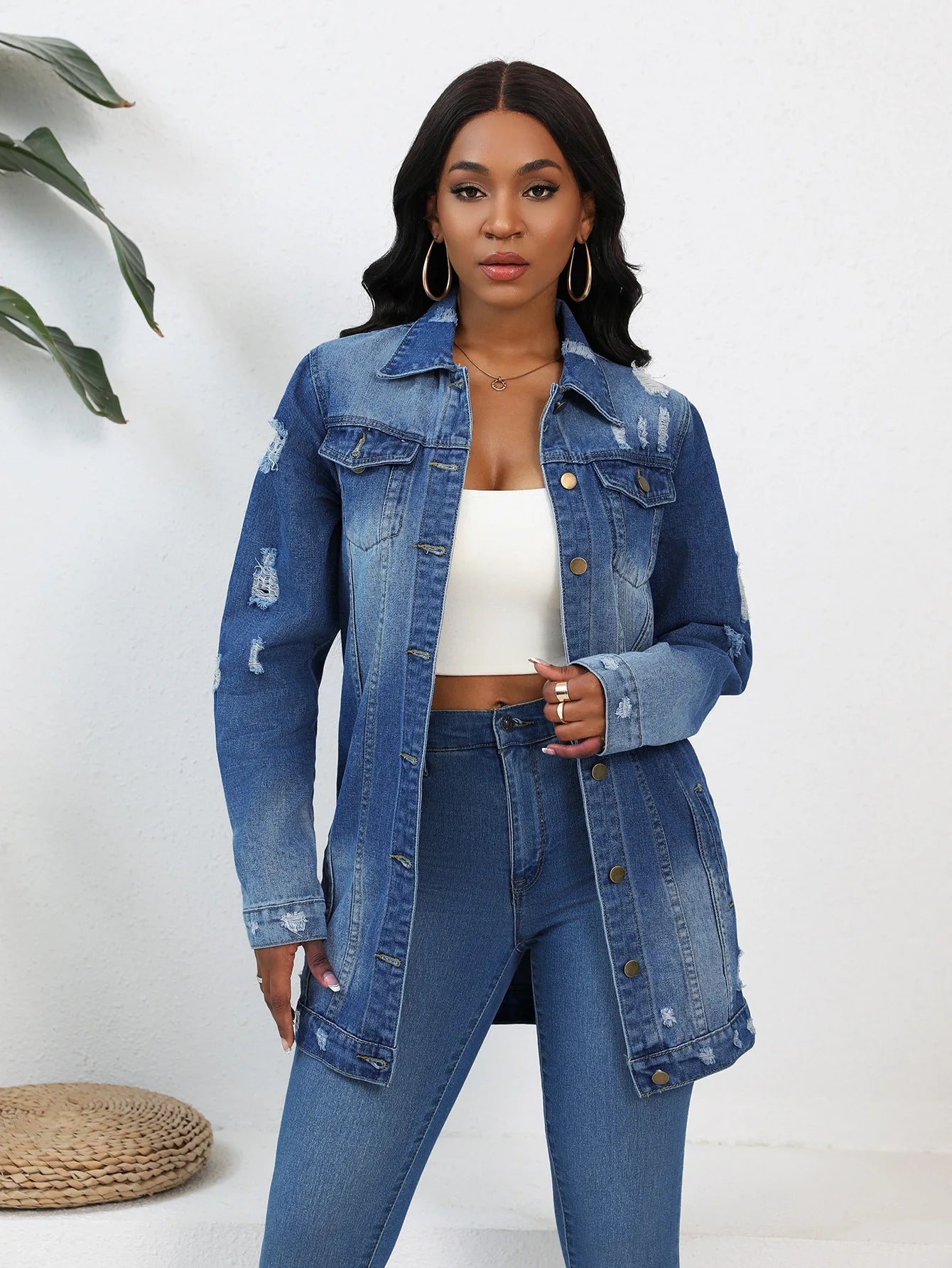 Women’s Mid-Length Denim Coat – Y2K Streetwear Style