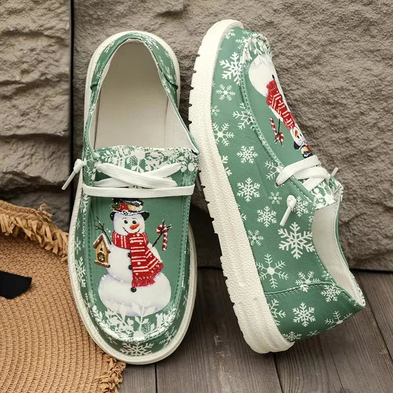 Women’s Christmas Snowman Lace-Up Loafers – Holiday Vulcanized Canvas Shoes