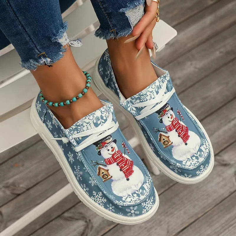 Women’s Christmas Snowman Lace-Up Loafers – Holiday Vulcanized Canvas Shoes