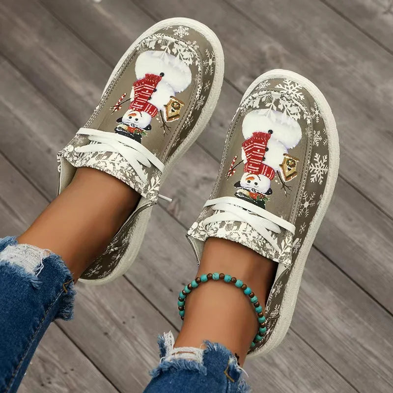 Women’s Christmas Snowman Lace-Up Loafers – Holiday Vulcanized Canvas Shoes