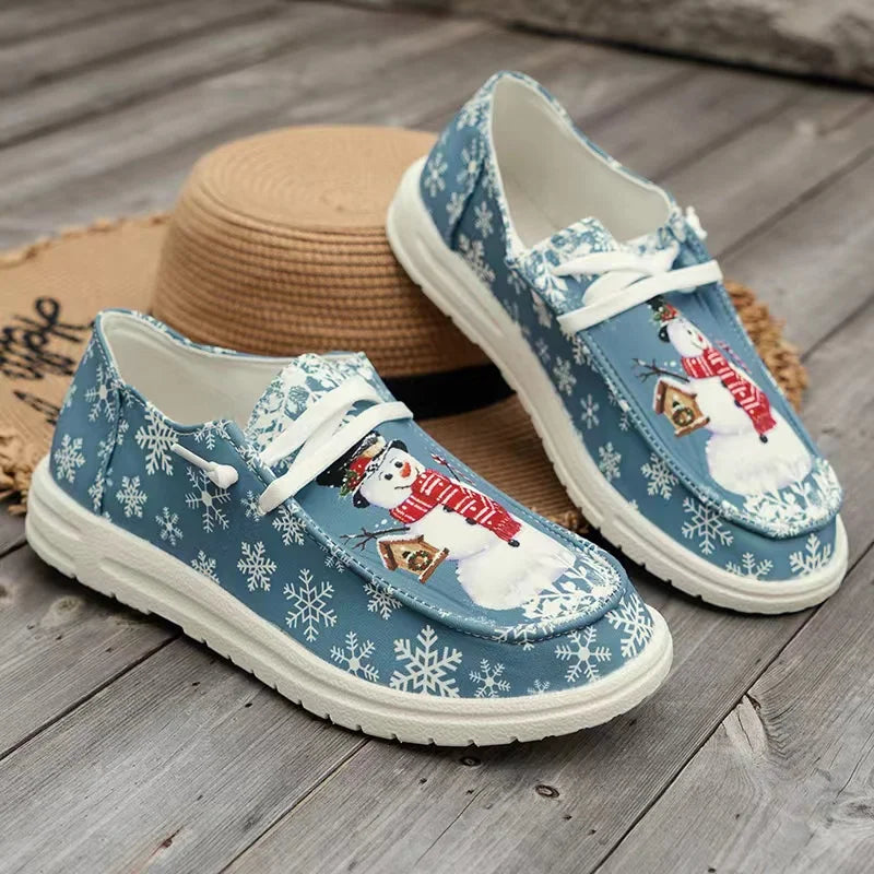 Women’s Christmas Snowman Lace-Up Loafers – Holiday Vulcanized Canvas Shoes