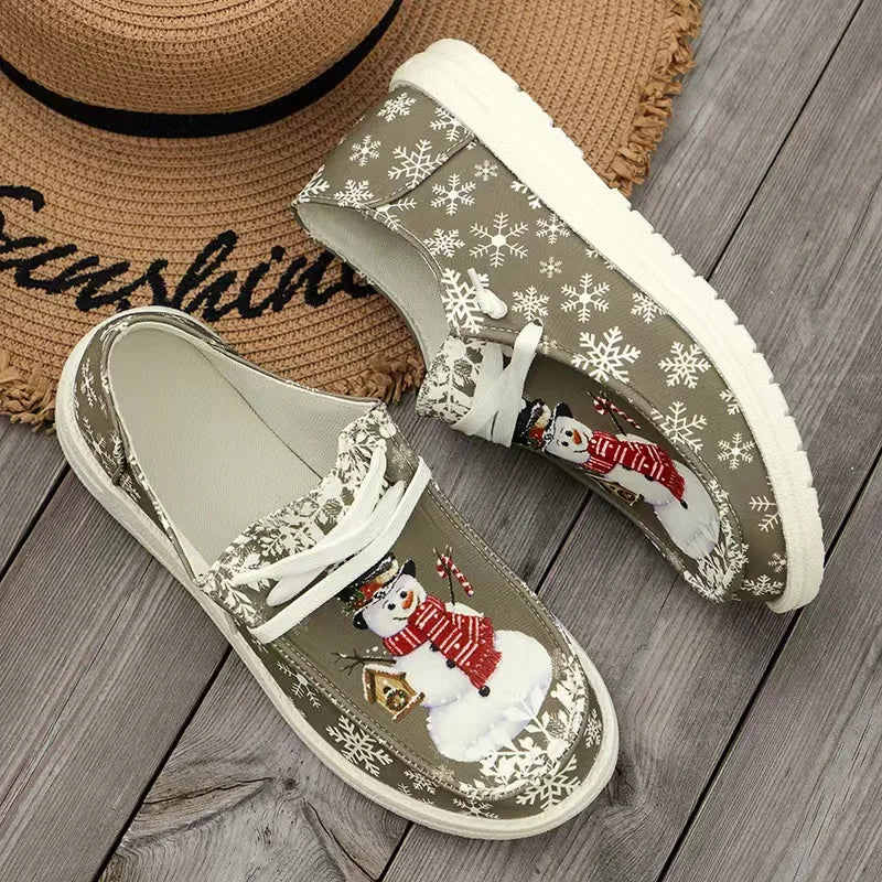 Women’s Christmas Snowman Lace-Up Loafers – Holiday Vulcanized Canvas Shoes