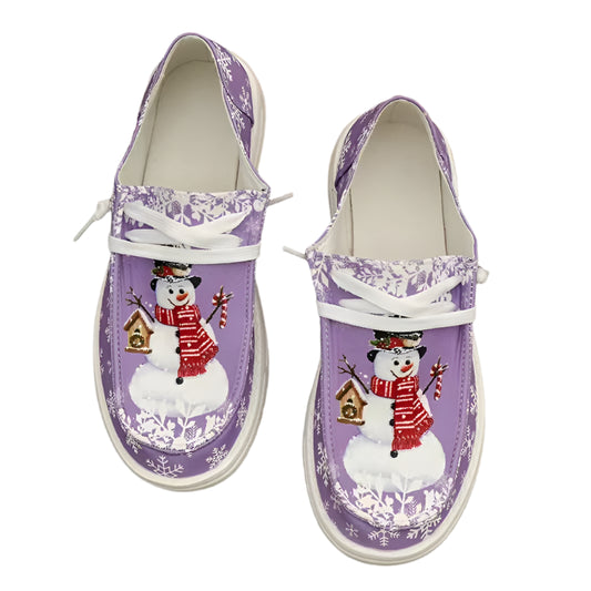 Women’s Christmas Snowman Lace-Up Loafers – Holiday Vulcanized Canvas Shoes