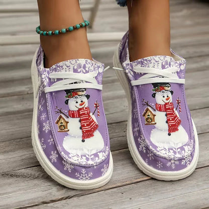 Women’s Christmas Snowman Lace-Up Loafers – Holiday Vulcanized Canvas Shoes