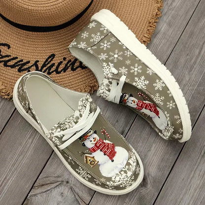 Women’s Christmas Snowman Lace-Up Loafers – Holiday Vulcanized Canvas Shoes